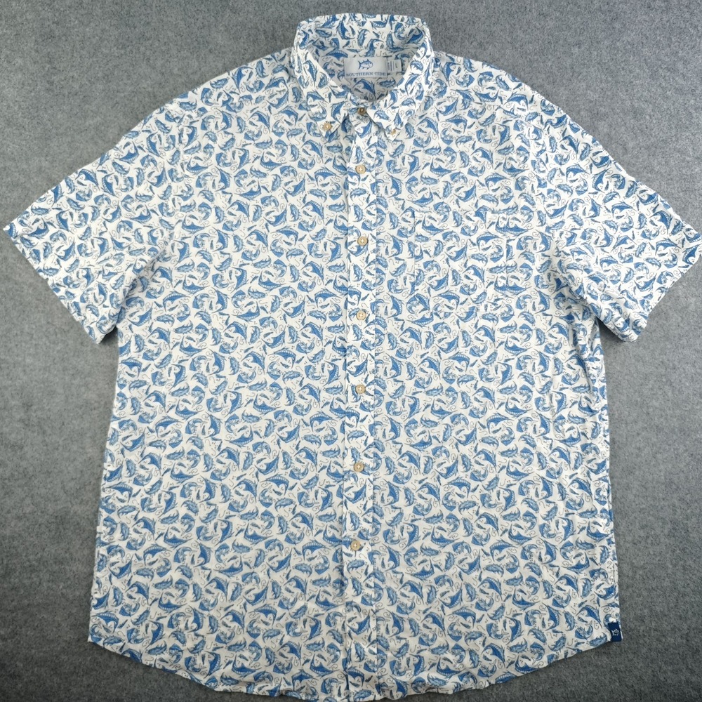 Southern Tide Shirt Mens Large White Blue Fish Geometric Linen Blend Button Down